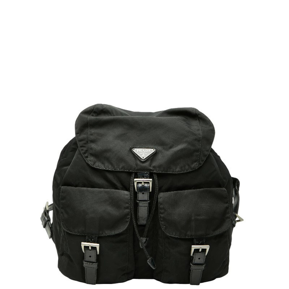 Prada Triangle Plate Backpack Black Leather